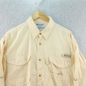 VTG Columbia PFG Fishing Shirt Men L Long Sleeve Button Up Vented Yellow Outdoor